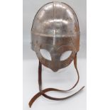 Re-enactor style steel helmet, leather jerkin masco cord and sword