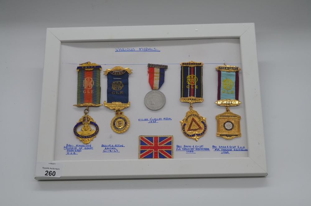 Framed and mounted display of Various associated lodge medals including Province of Egypt R.O.H