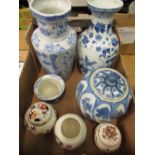 Two C20th oriental blue and white vases, H37cm max, C20th Chinese blue and white ginger jar,