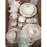 Suzy Cooper "Pink Swansea Spray" breakfast service comprising cups, saucers, hot water jug, heated