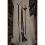 Re-enactors English civil war style musket and stand and similar reaper type sword (3)