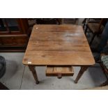 Victorian pine kitchen table on turned supports with single draw W91cm L89cm