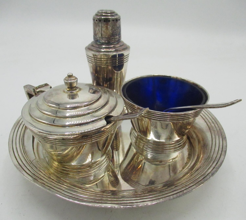 1930's Mappin & Webb's Prince's 4 piece cruet designed by Keith Murray comprising salt, pepper,