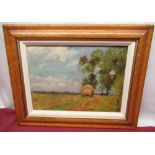 English School (late C19th early C20th); Hay cart in a wooded field, oils on panel, inscribed