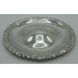 Geo.III hallmarked silver circular wine funnel stand, with floral and vine cast border, D11cm by