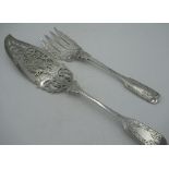 Pair of Victorian EPNS large Fiddle Pattern fish servers, pierced and engraved with trailing foliage