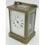 Late C19th French brass gorge cased carriage clock with white enamel Roman dial, twin train movement