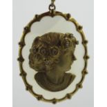 Edwardian 9ct gold hallmarked and chalcedony oval cameo pendant, the girl with five diamond set hair