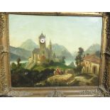 Large C19th continental musical clock picture, extensive Alpine village scene with church tower, oil