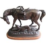 Large patinated bronze model of a hunting horse and hound on oval naturalistic base with oak