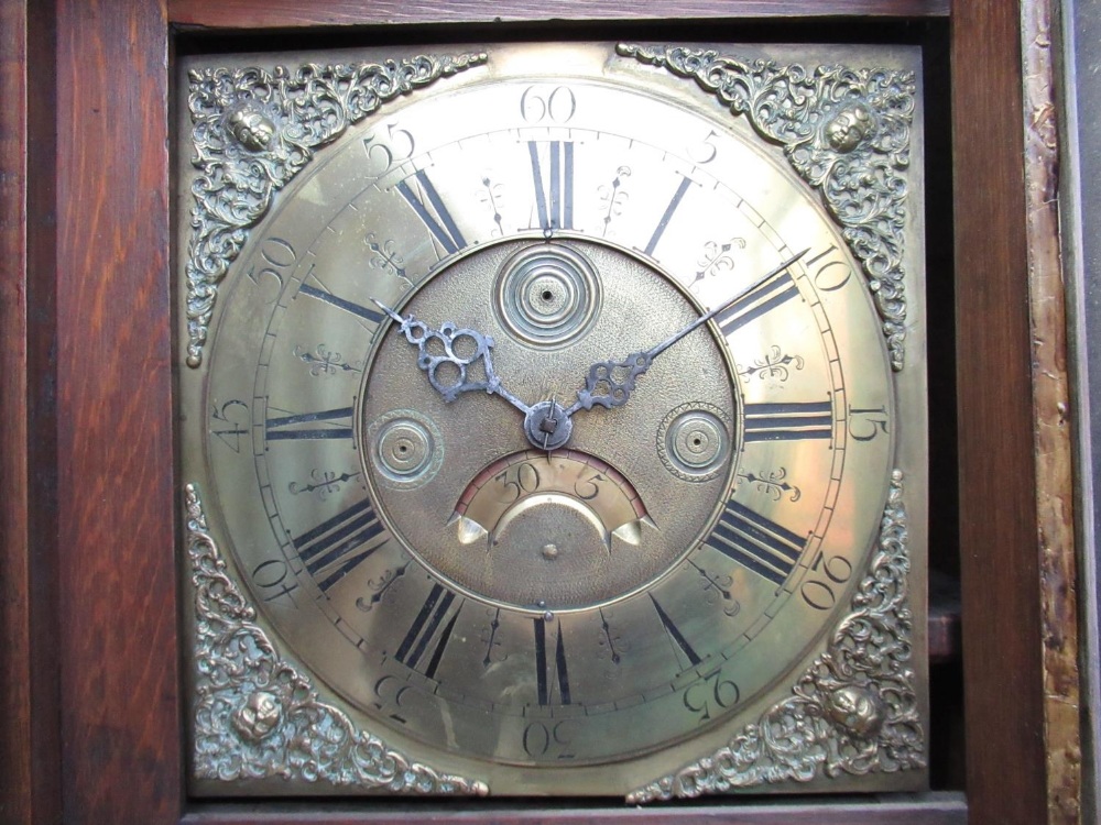 Late C18th oak long case clock, flat topped hood with turned columns, Roman dial with Arabic five - Image 3 of 3