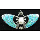 Art Nouveau Ramsden style silver and turquoise enamel butterfly brooch with inset pearl centre