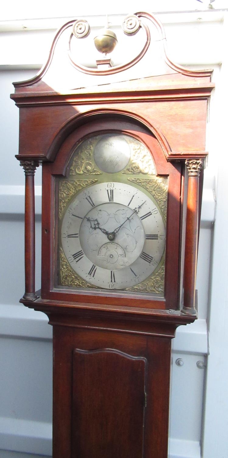 Early C19th mahogany long cased clock, swan necked pediment with ball and spire finial, arched brass - Image 3 of 4