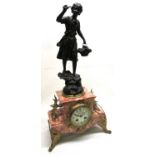 Early C20th gilt metal mounted salmon pink marble mantel clock, surmounted by a spelter model '