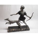 I. Gallo (French C20th); Art Deco patinated bronze study of a female archer with running hound, on