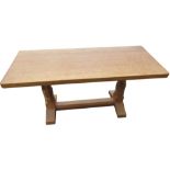 Robert Mouseman Thompson - rectangular oak coffee table, adzed top on octagonal baluster supports