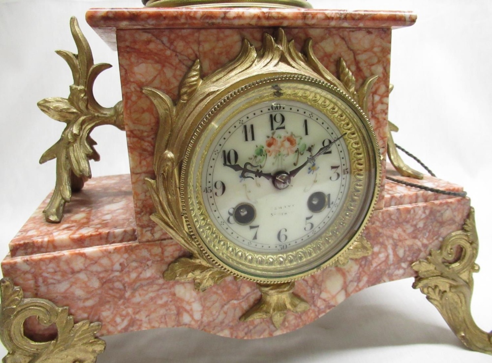 Early C20th gilt metal mounted salmon pink marble mantel clock, surmounted by a spelter model ' - Image 2 of 3