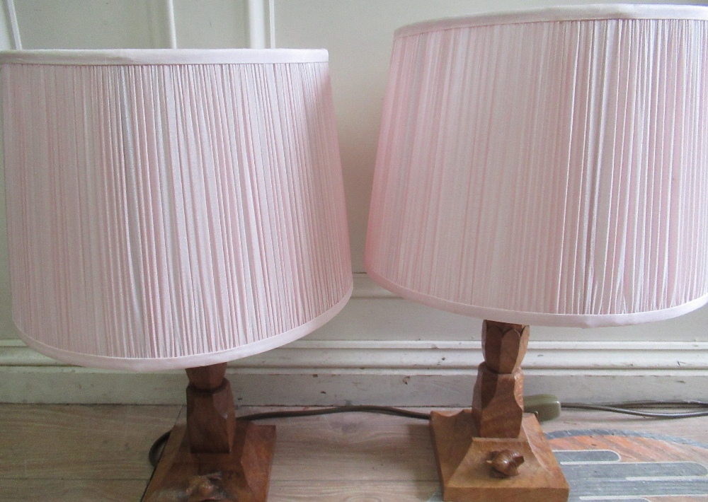 Bob Wrenman Hunter - a pair of oak table lamps, burr octagonal columns on square tapering bases,