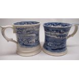 Large pair of Victorian Staffordshire mugs, capstan shaped bodies blue and white transfer printed