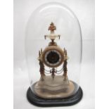 C19th French gilt metal mounted alabaster portico clock, drum movement with child in swing pendulum,