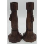 Robert Mouseman Thompson - pair of oak candlesticks of octagonal tapering form, on similar bases,