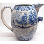 Large Victorian Staffordshire water jug, barrel shaped body blue and white transfer printed with