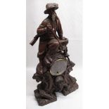 C19th Black Forest figural clock, carved with a Alpine Hunter, and game in scroll mount on stonework