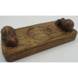 Robert Mouseman Thompson - oak rectangular pin tray, carved with two signature mice W5.25cm D7cm