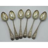 Set of six Geo.III hallmarked silver feather edge Old English pattern table spoons engraved with