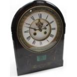 Victorian polished black slate mantel clock arched top case with green malachite panel, circular