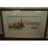 Frank Rousse (exh. 1890-1915); Fishing boats in Whitby Harbour, the Abbey beyond, watercolour,