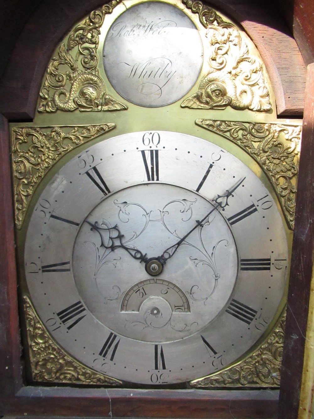 Early C19th mahogany long cased clock, swan necked pediment with ball and spire finial, arched brass - Image 2 of 4