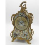 C20th French champlevé enamel and gilt metal rococo design clock, shaped case with scroll