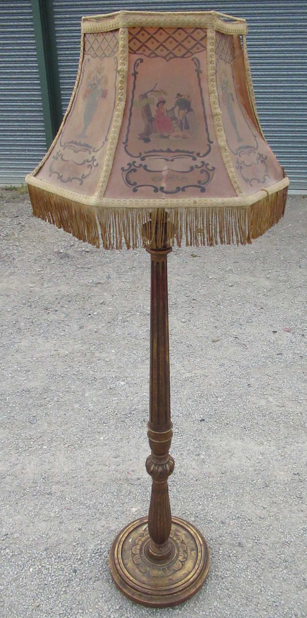 C20th Geo. III style gilt wood standard lamp, fluted column on lotus and ring carved base on ball