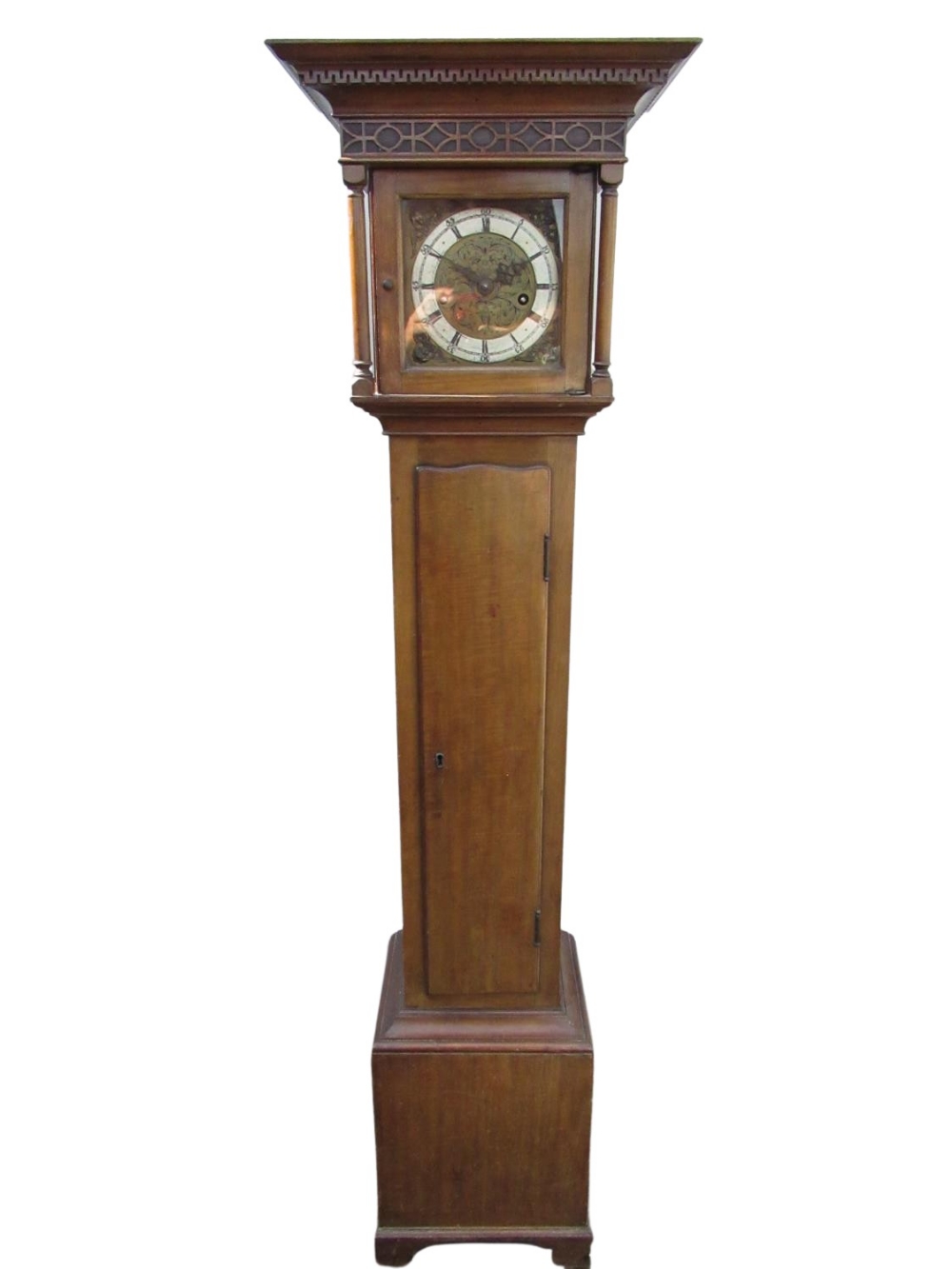 Geo.III style small mahogany longcase clock, with dentil cornice and blind fret frieze above 5.5cm