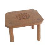 Peter R Pearson - oak stool, adzed rectangular top carved with Yorkshire Rose on four faceted square