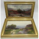 English School (late C19th); Sheep on a Moorland track and a river landscape, pair of oils on board,