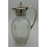 Edw.VII hallmarked silver mounted claret jug, clear glass ribbed ovoid body with stepped domed cover