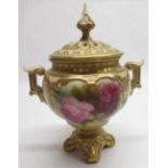 Royal Worcester pedestal vase, globular body painted with roses, gilt relief detail and handles,