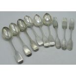 Set of four Victorian hallmarked silver Fiddle pattern dessert spoons, L17.5cm, by Samuel Hayne &