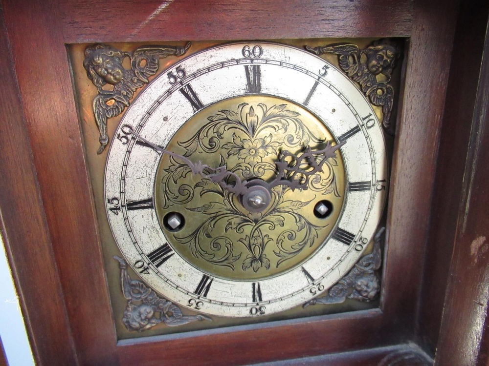 Geo.III style small mahogany longcase clock, with dentil cornice and blind fret frieze above 5.5cm - Image 2 of 2