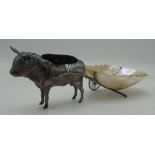 Edw.VII hallmarked silver pin cushion modelled as a bullock pulling a mother of pearl cart, L16cm by