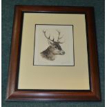 Kurt Meyer Eberhardt, red deer stag head, original etching, signed by the artist, framed, W9.5cm