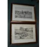 T Blinks, fox hunting scenes, pair of black and white engravings, signed by the artist, framed,