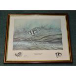 Richard J Willett, badger at waters edge, ltd. ed. print 19/300, signed in pencil by artist, framed,