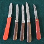 Collection of five penknives by Solingen, with various handles including resin and rosewood