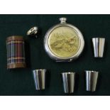 Boxed as new bush master puter hip flask with funnel featuring a brace of woodcock and a tartan