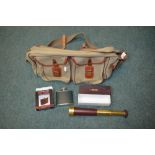 Tan coloured canvas fly fishing bag with brown leather trim as new condition. Also includes
