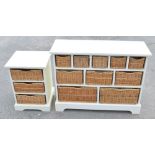 Cream finish side cabinet with ten baskets W103cm D38cm H78cm, and a similar smaller cabinet with