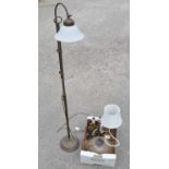 Oxydised brass floor lamp, with opaque shade. opaque glass center light fitting, 2 brass table lamps